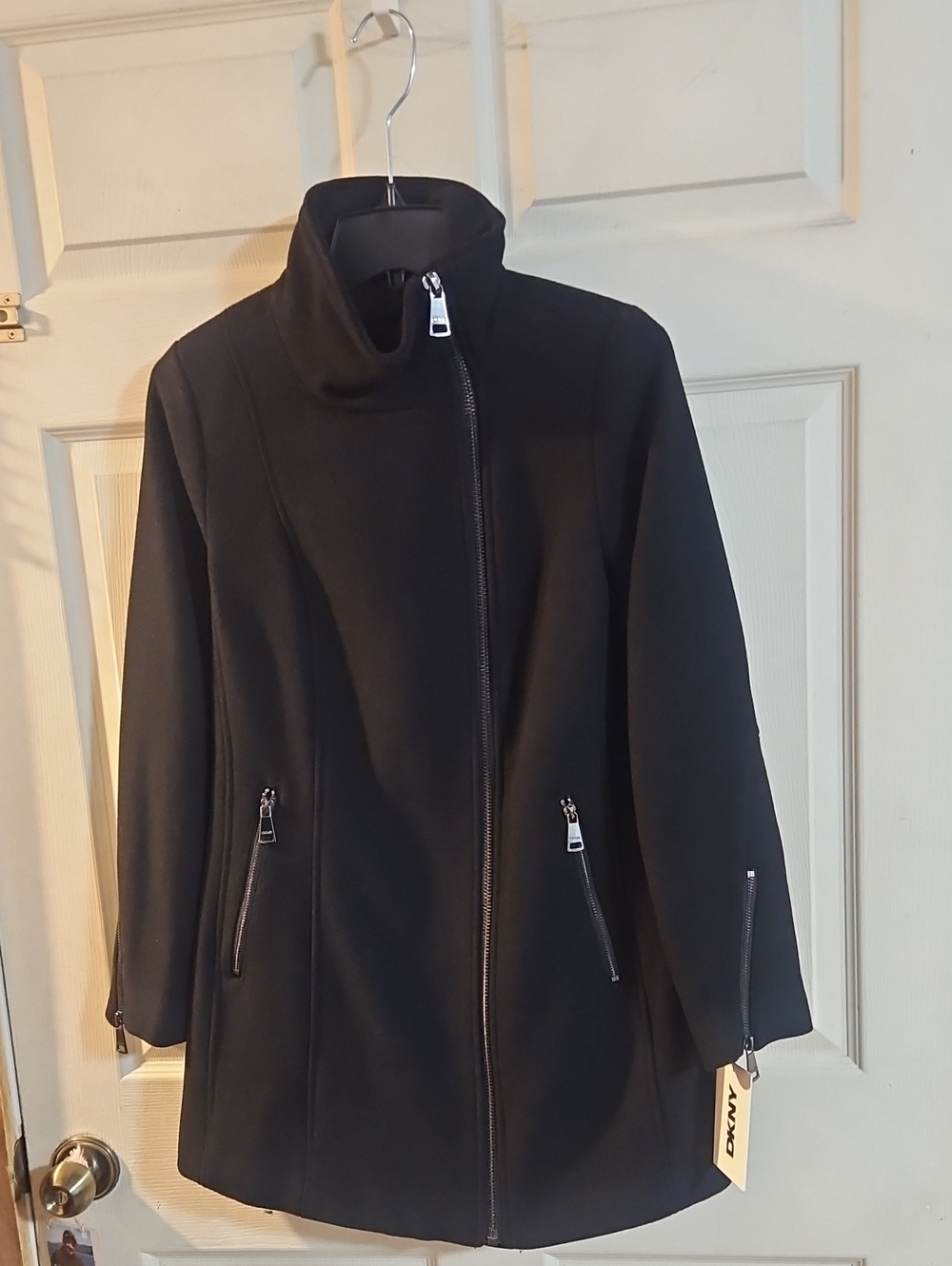 DKNY Macy's Wool Blend Asymmetrical Zipper Coat: Black: New With Tags: SIZE XXS